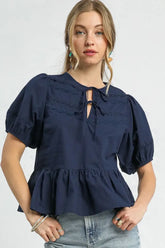 Elegant Dark Navy Tie Front Puff Sleeve Blouse, Blouses, $ 49.00, A Moment Of Now™